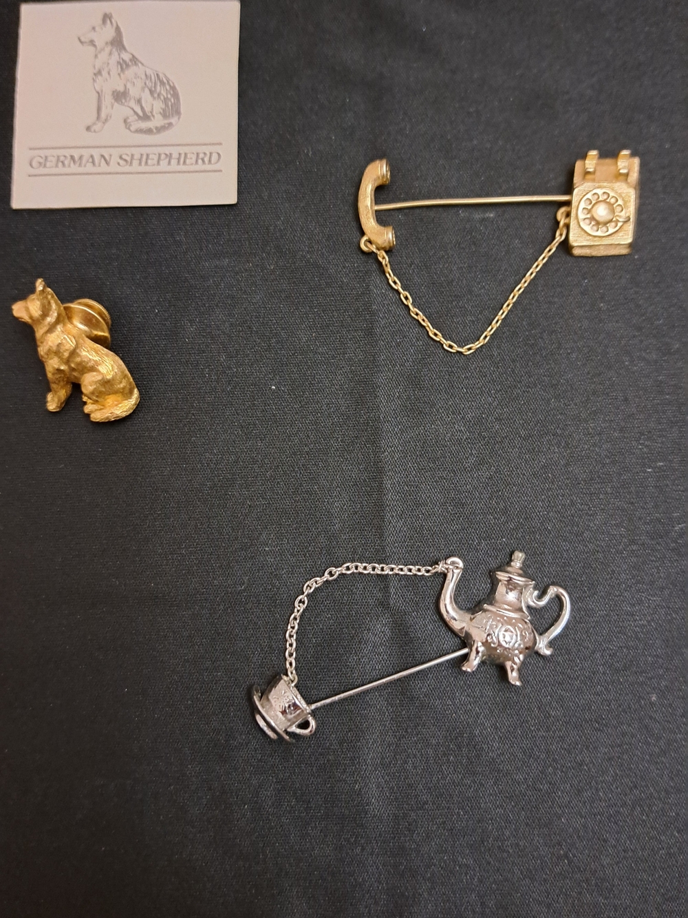 Avon Gold and Silver Novelty Brooch Set - Teapot, Telephone, Dog - Picture 1 of 5